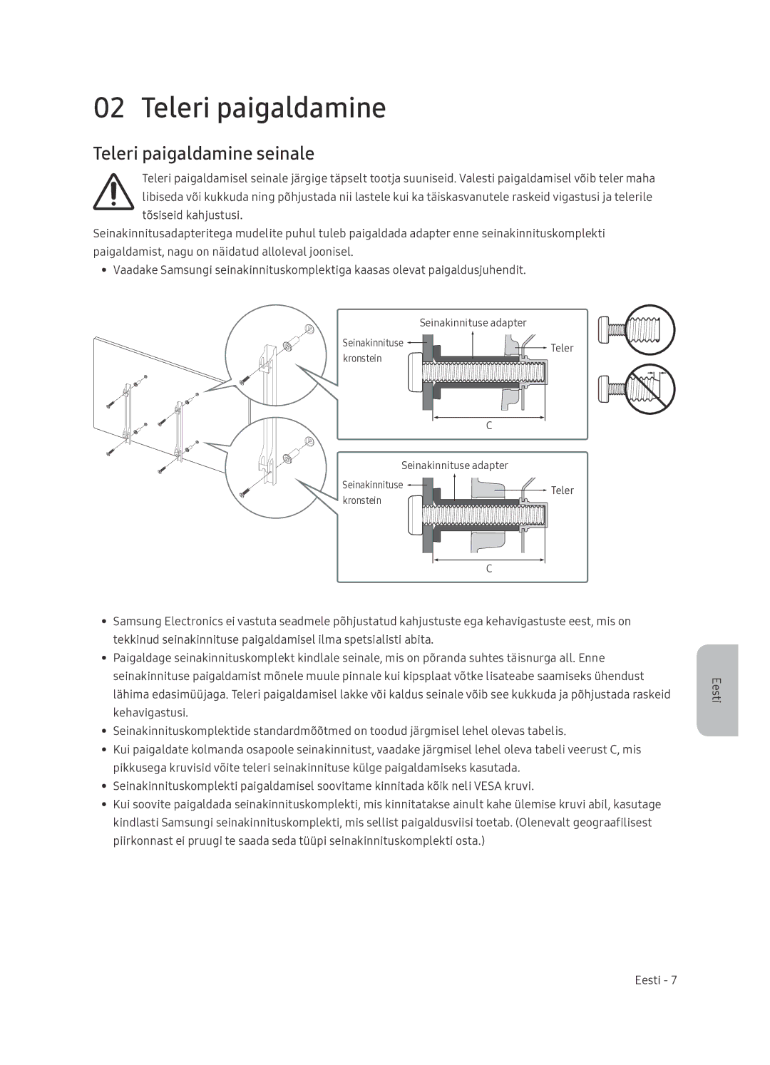 Samsung UE65NU7402UXXH manual Teleri paigaldamine seinale 