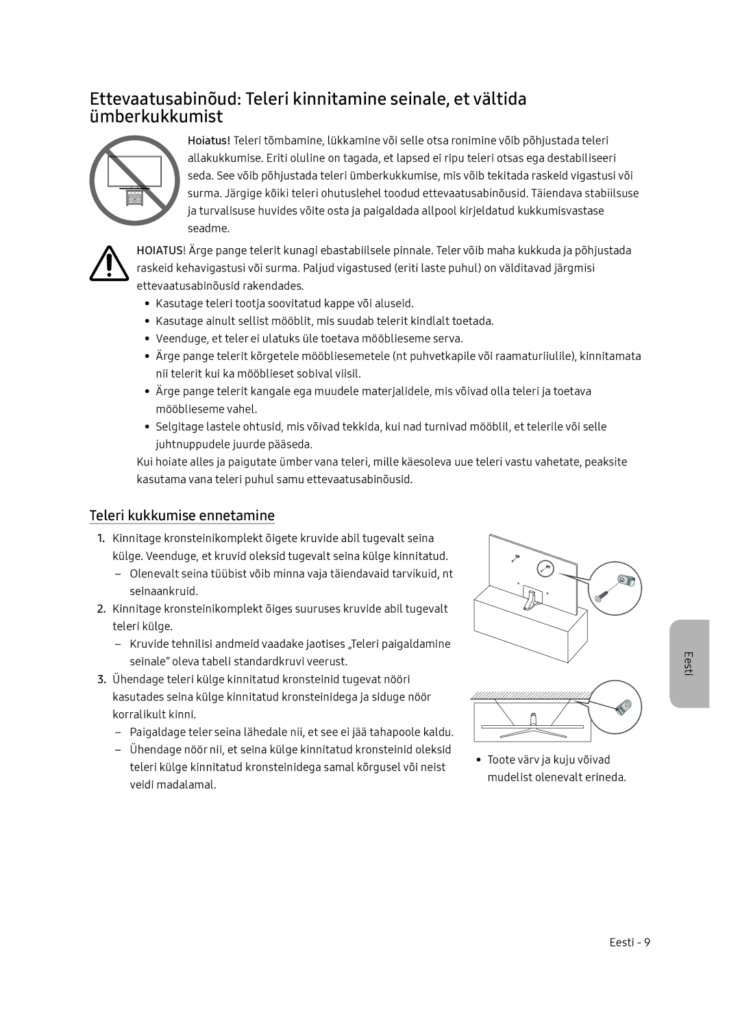 Samsung UE65NU7402UXXH manual Teleri kukkumise ennetamine 