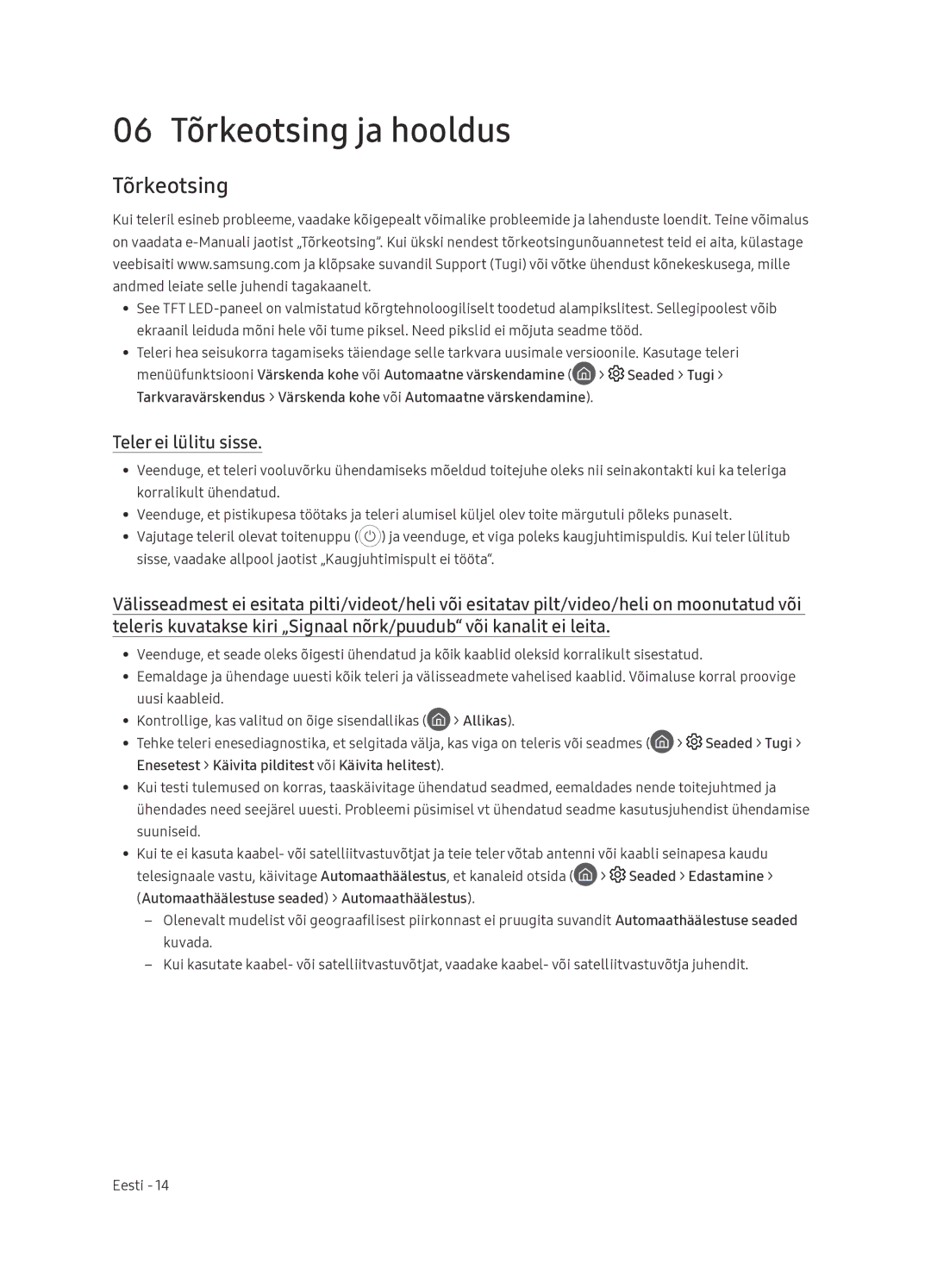 Samsung UE65NU7402UXXH manual 06 Tõrkeotsing ja hooldus, Teler ei lülitu sisse 