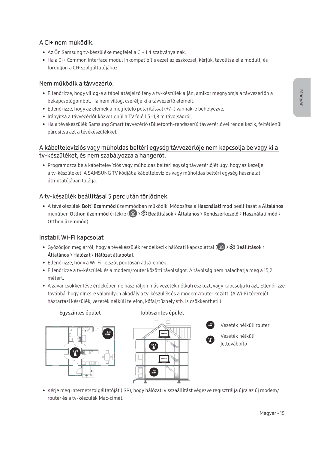 Samsung UE65NU7402UXXH manual CI+ nem működik, Nem működik a távvezérlő, Tv-készülék beállításai 5 perc után törlődnek 