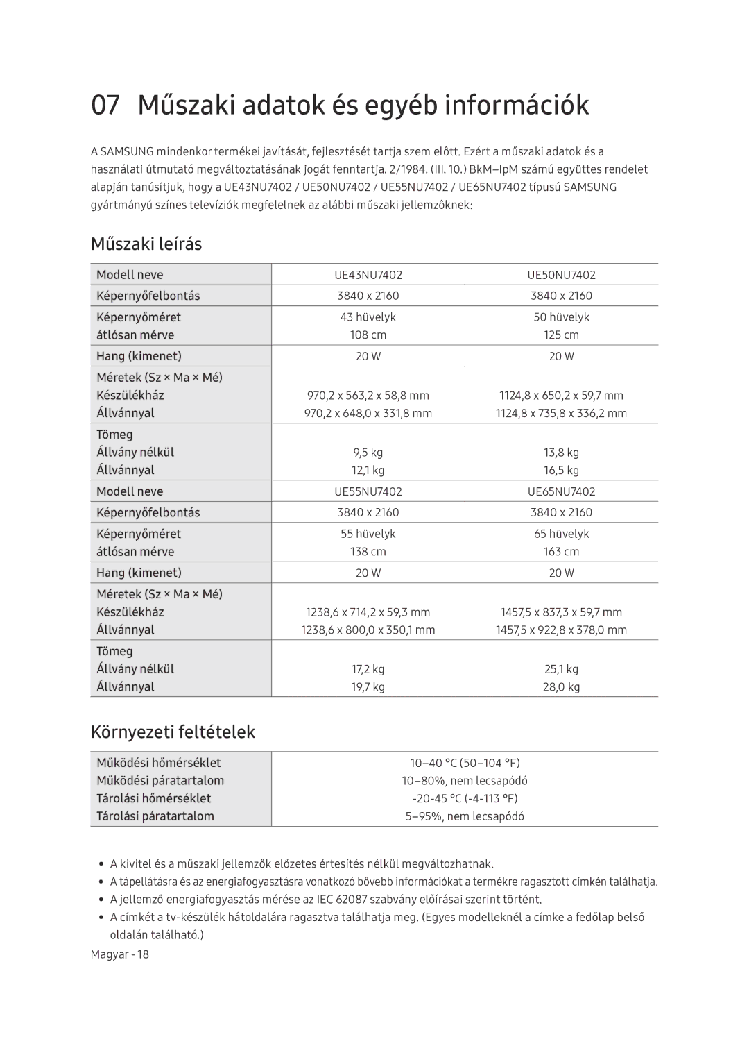 Samsung UE65NU7402UXXH manual 07 Műszaki adatok és egyéb információk, Műszaki leírás, Környezeti feltételek 