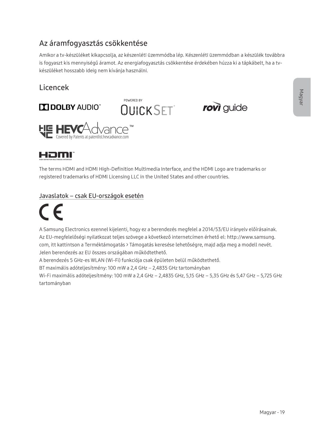 Samsung UE65NU7402UXXH manual Az áramfogyasztás csökkentése, Licencek, Javaslatok csak EU-országok esetén 