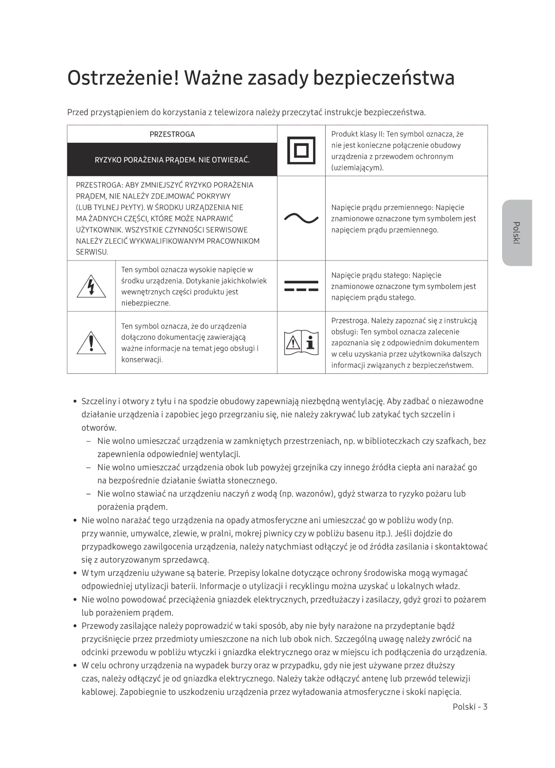 Samsung UE65NU7402UXXH manual Ostrzeżenie! Ważne zasady bezpieczeństwa, Ryzyko Porażenia PRĄDEM. NIE Otwierać 