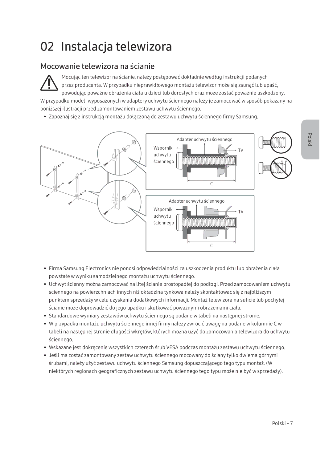 Samsung UE65NU7402UXXH manual Instalacja telewizora, Mocowanie telewizora na ścianie 