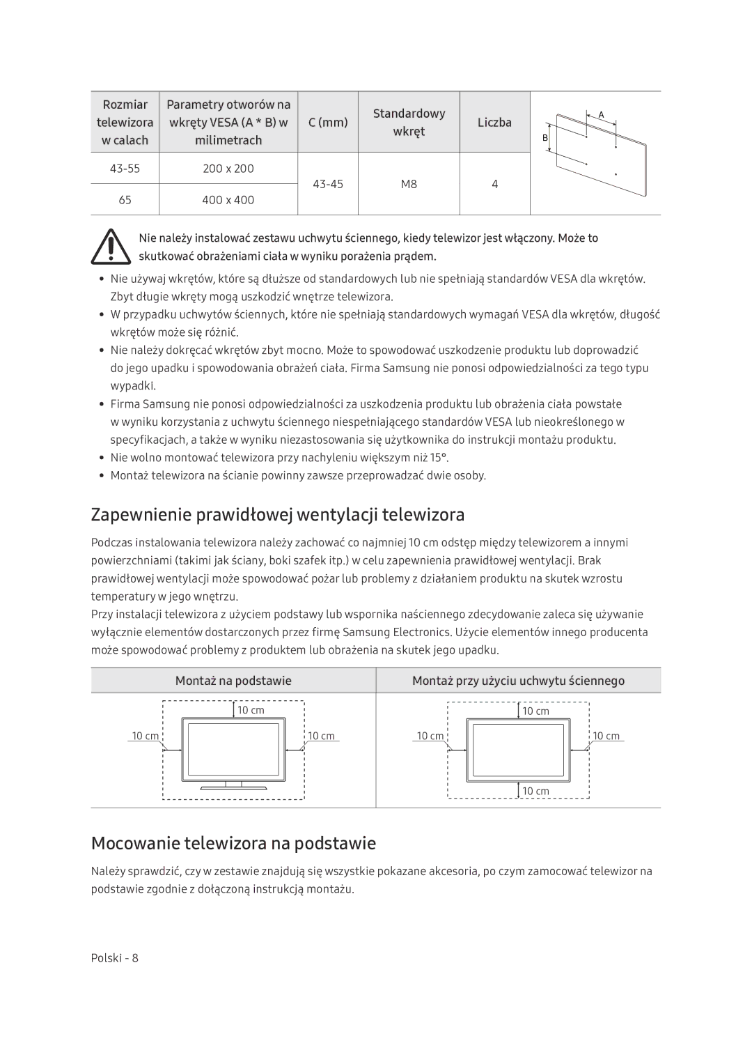 Samsung UE65NU7402UXXH manual Zapewnienie prawidłowej wentylacji telewizora, Mocowanie telewizora na podstawie 