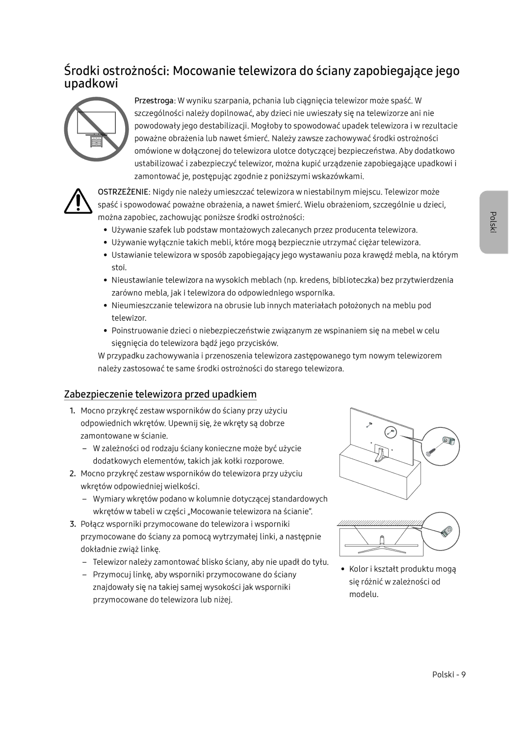 Samsung UE65NU7402UXXH manual Zabezpieczenie telewizora przed upadkiem 