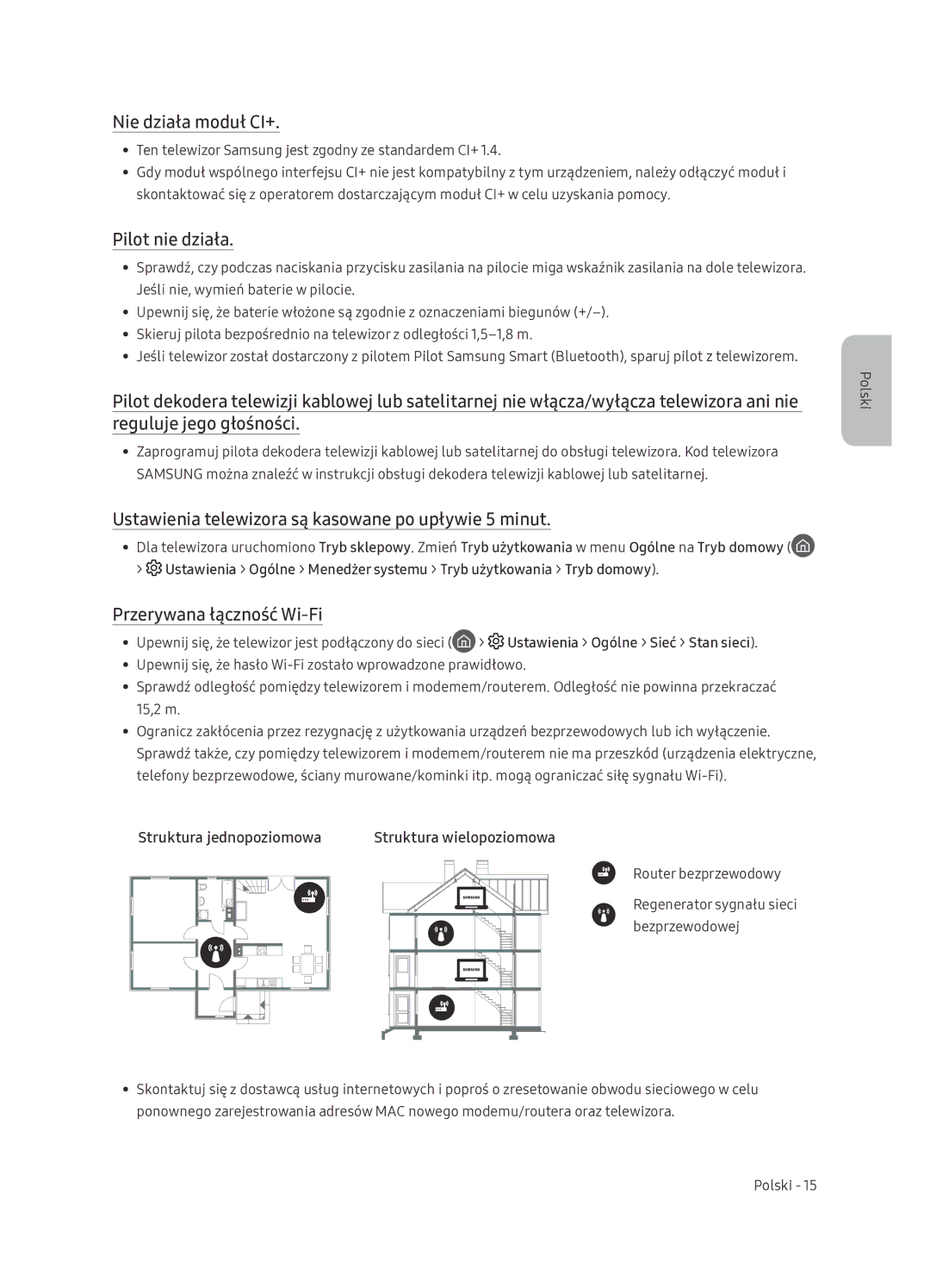 Samsung UE65NU7402UXXH manual Nie działa moduł CI+, Pilot nie działa, Ustawienia telewizora są kasowane po upływie 5 minut 