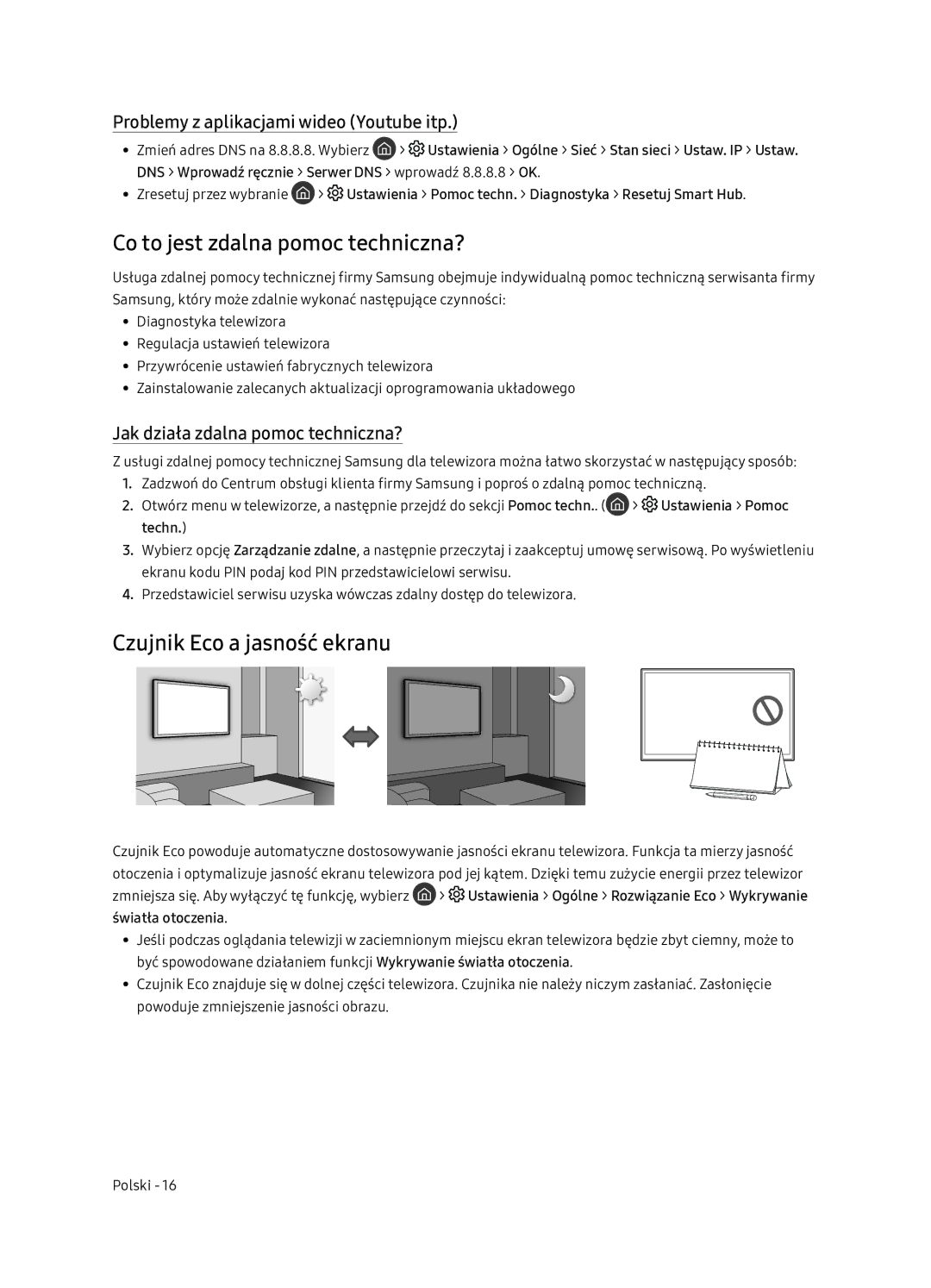 Samsung UE65NU7402UXXH manual Co to jest zdalna pomoc techniczna?, Czujnik Eco a jasność ekranu 