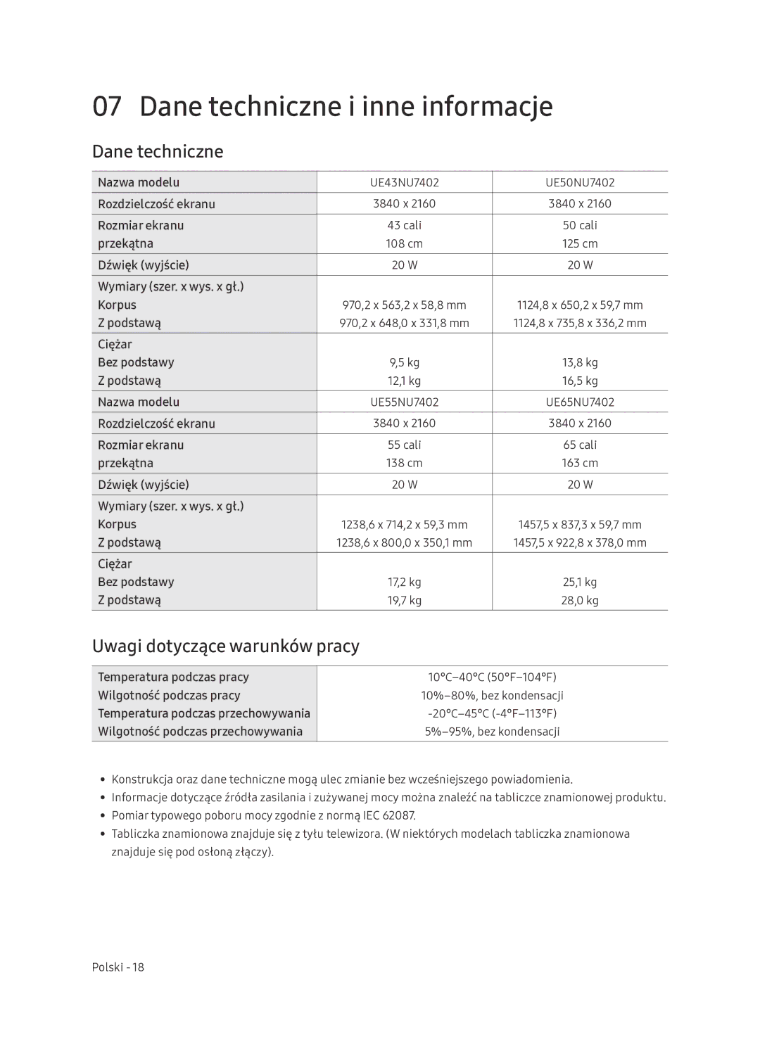 Samsung UE65NU7402UXXH manual Dane techniczne i inne informacje, Uwagi dotyczące warunków pracy 