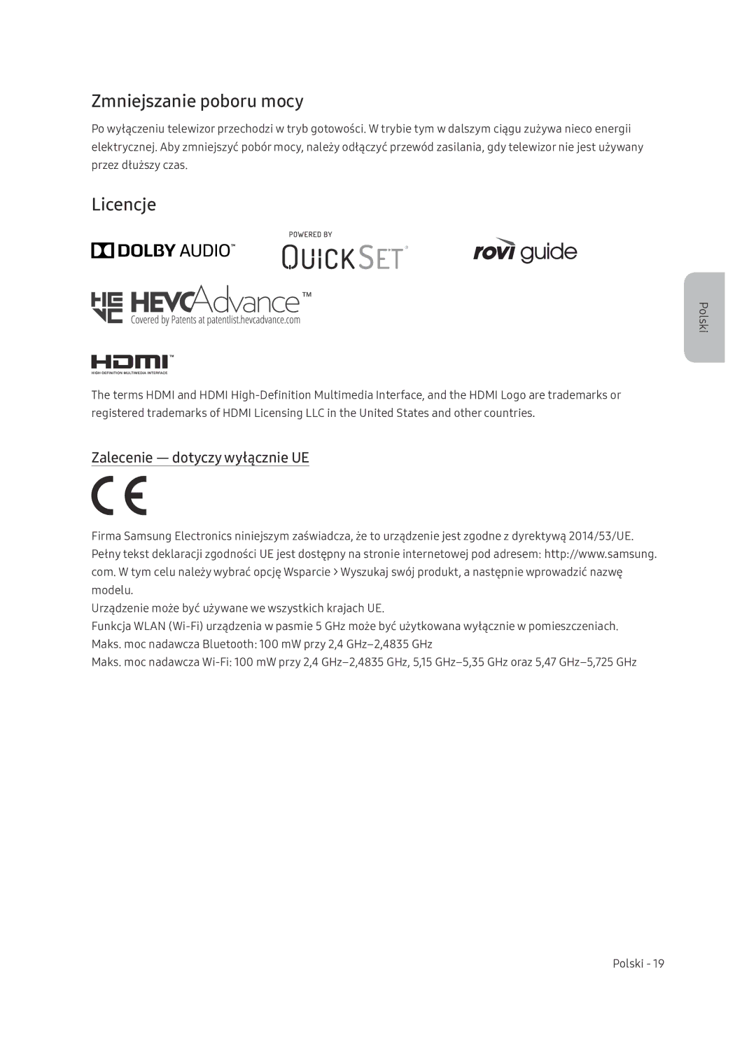 Samsung UE65NU7402UXXH manual Zmniejszanie poboru mocy, Licencje, Zalecenie dotyczy wyłącznie UE 