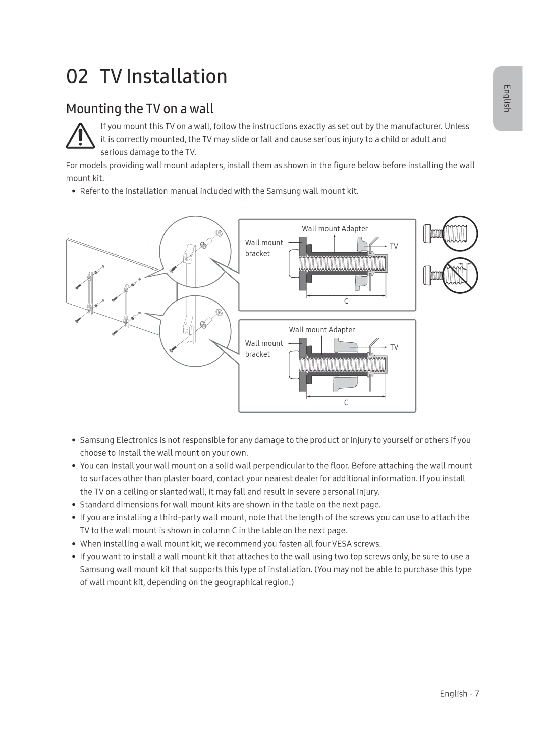 Samsung UE65NU7402UXXH manual TV Installation, Mounting the TV on a wall 