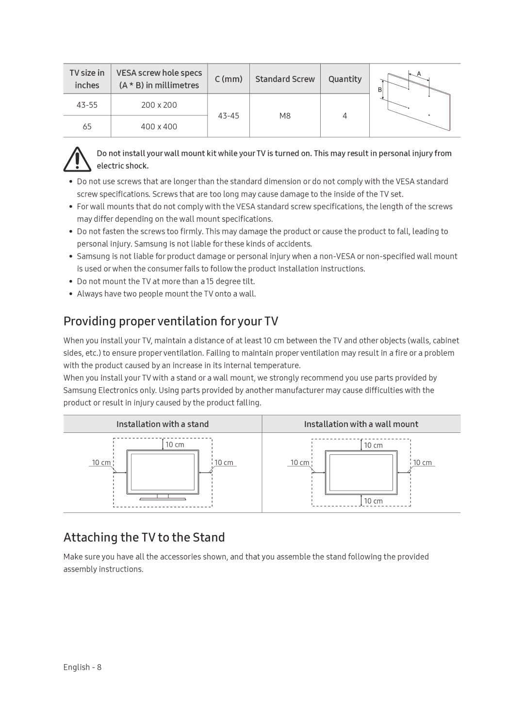 Samsung UE65NU7402UXXH manual Providing proper ventilation for your TV, Attaching the TV to the Stand, Quantity 