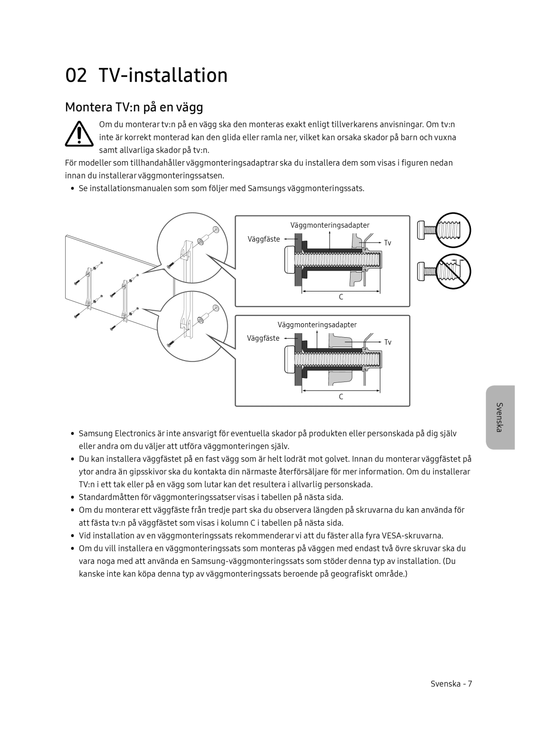 Samsung UE65NU7405UXXC manual TV-installation, Montera TVn på en vägg 