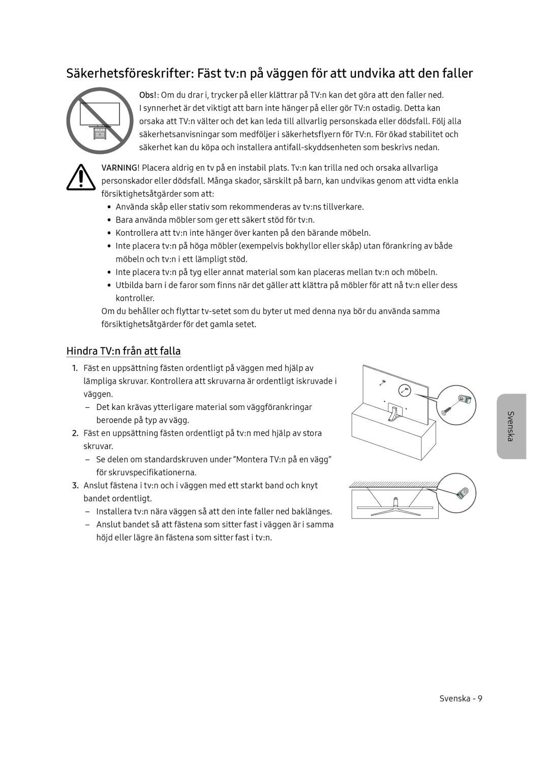 Samsung UE65NU7405UXXC manual Hindra TVn från att falla 