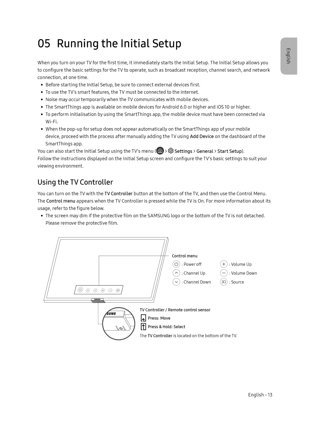 Samsung UE65NU7405UXXC manual Running the Initial Setup, Using the TV Controller 