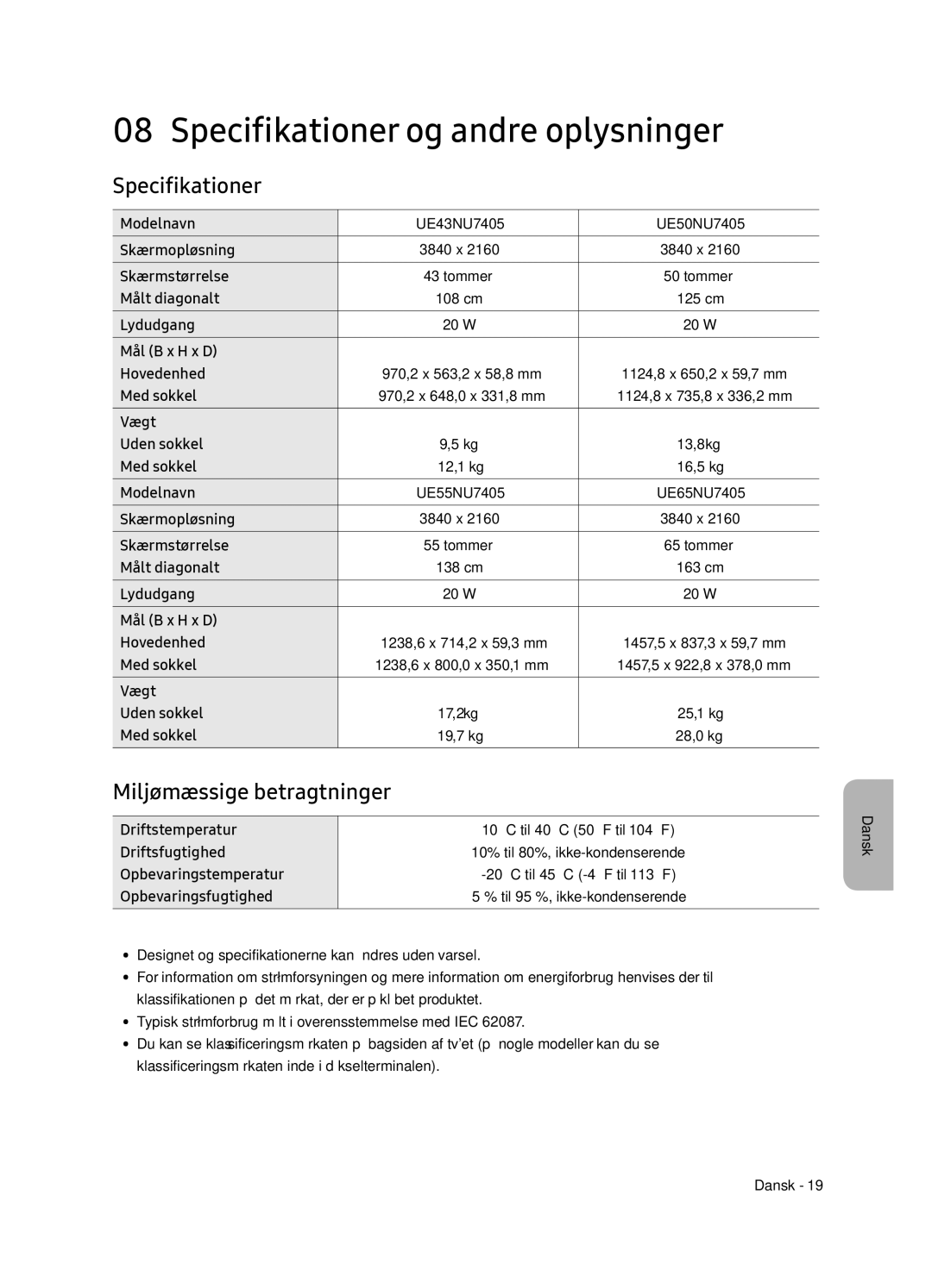 Samsung UE65NU7405UXXC manual Specifikationer og andre oplysninger, Miljømæssige betragtninger 