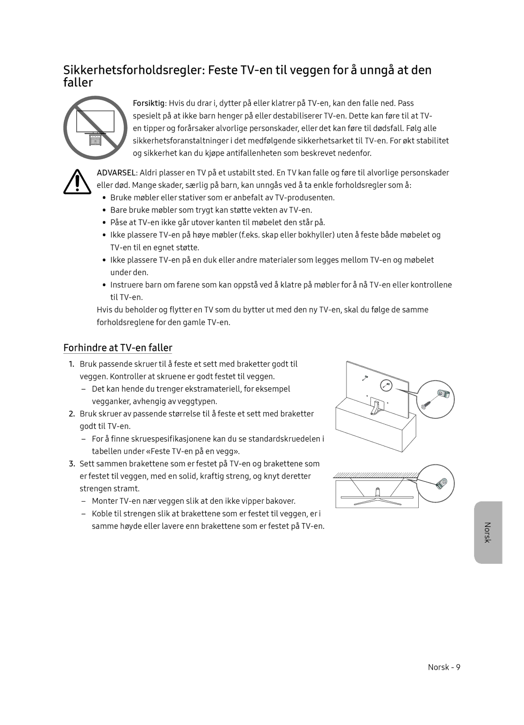 Samsung UE65NU7405UXXC manual Forhindre at TV-en faller 