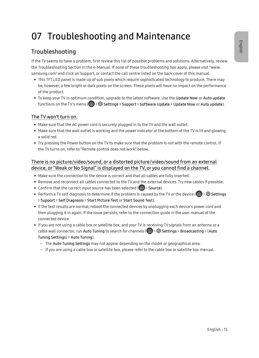 Samsung UE65NU7405UXXC manual Troubleshooting and Maintenance, TV won’t turn on, Source, Settings 