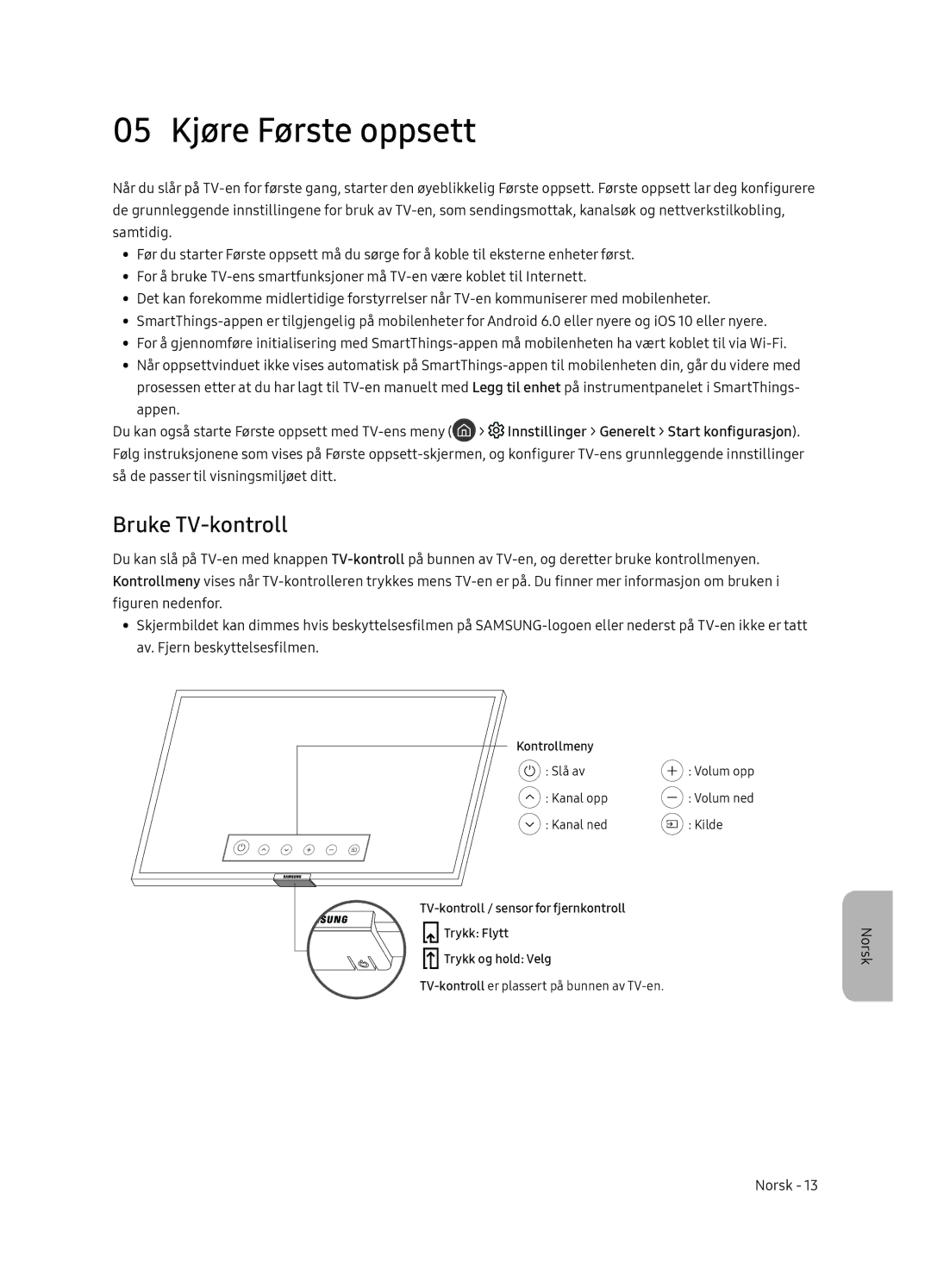 Samsung UE65NU7405UXXC manual 05 Kjøre Første oppsett, Bruke TV-kontroll 