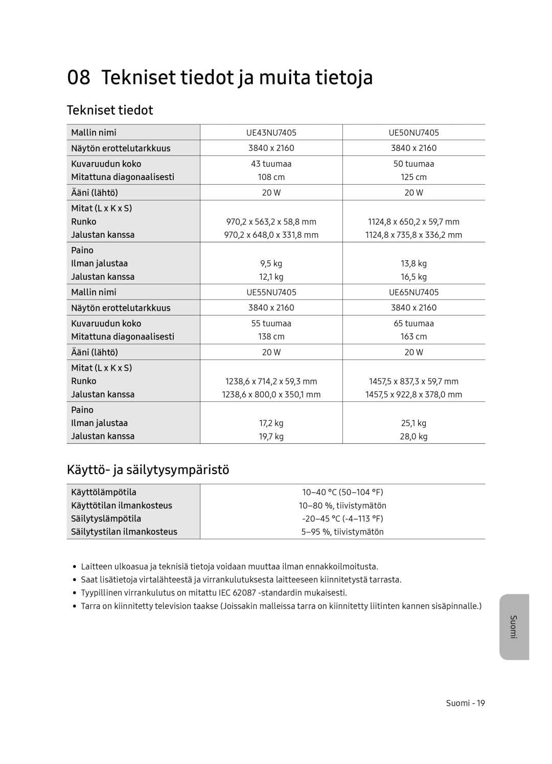 Samsung UE65NU7405UXXC manual Tekniset tiedot ja muita tietoja, Käyttö- ja säilytysympäristö 