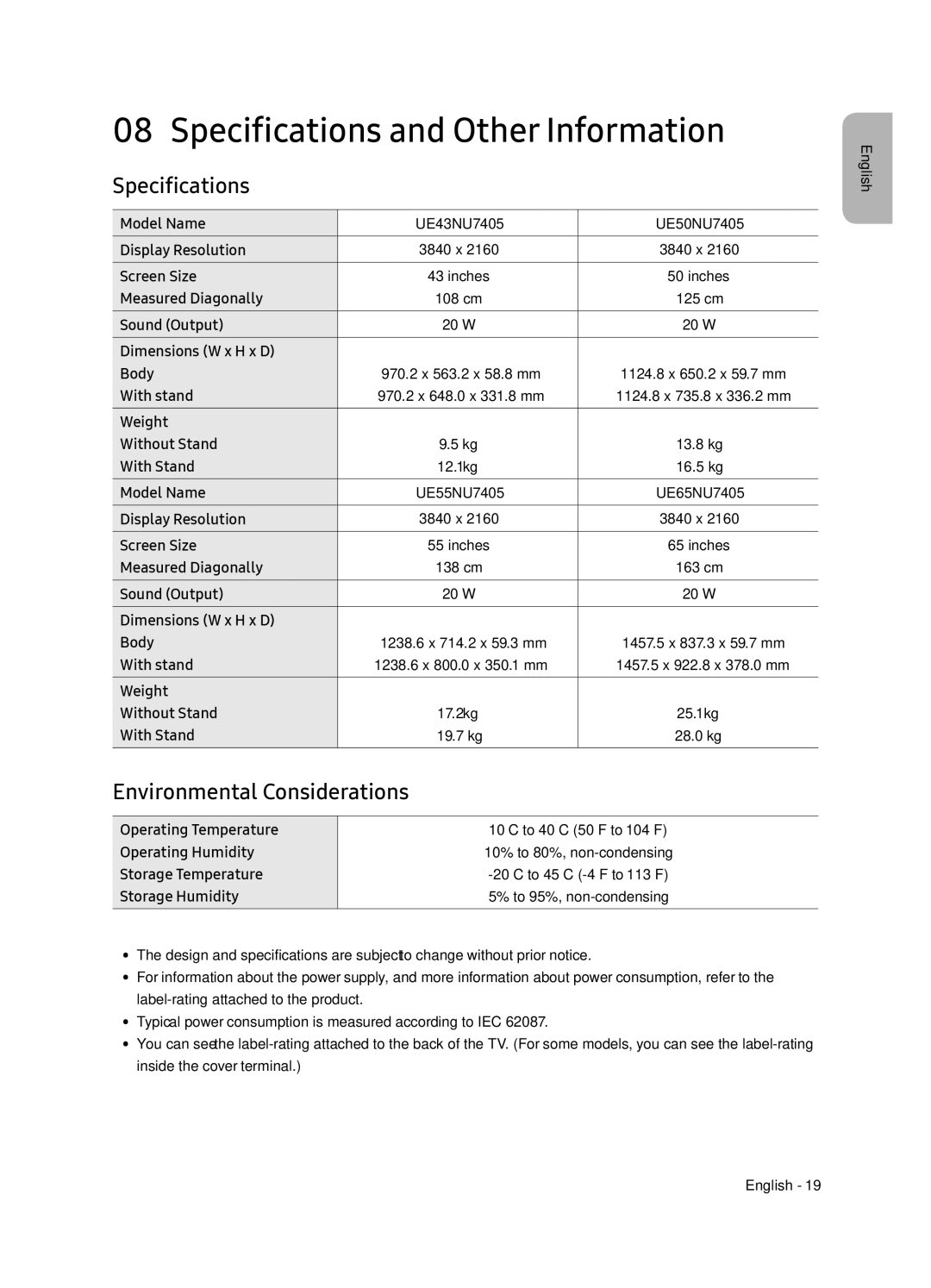 Samsung UE65NU7405UXXC manual Specifications and Other Information, Environmental Considerations 