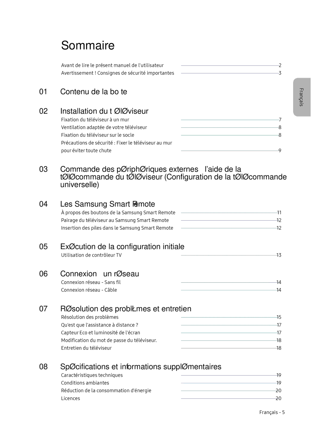 Samsung UE65NU7405UXXC manual Sommaire 