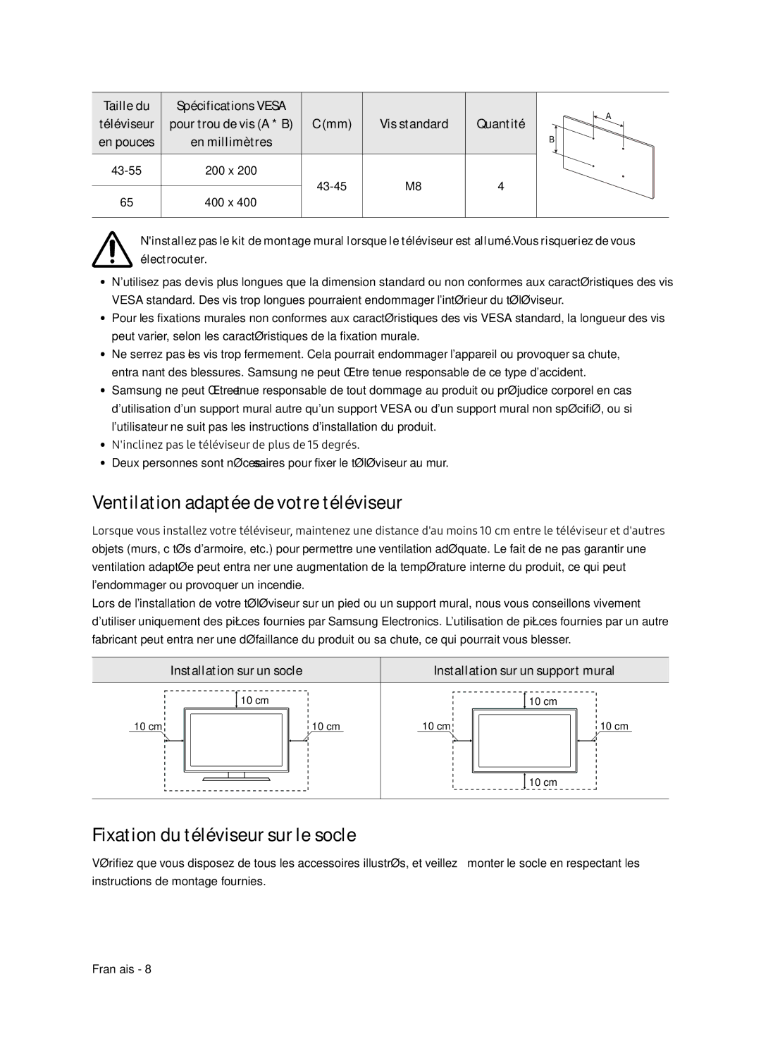 Samsung UE65NU7405UXXC manual Ventilation adaptée de votre téléviseur, Fixation du téléviseur sur le socle 