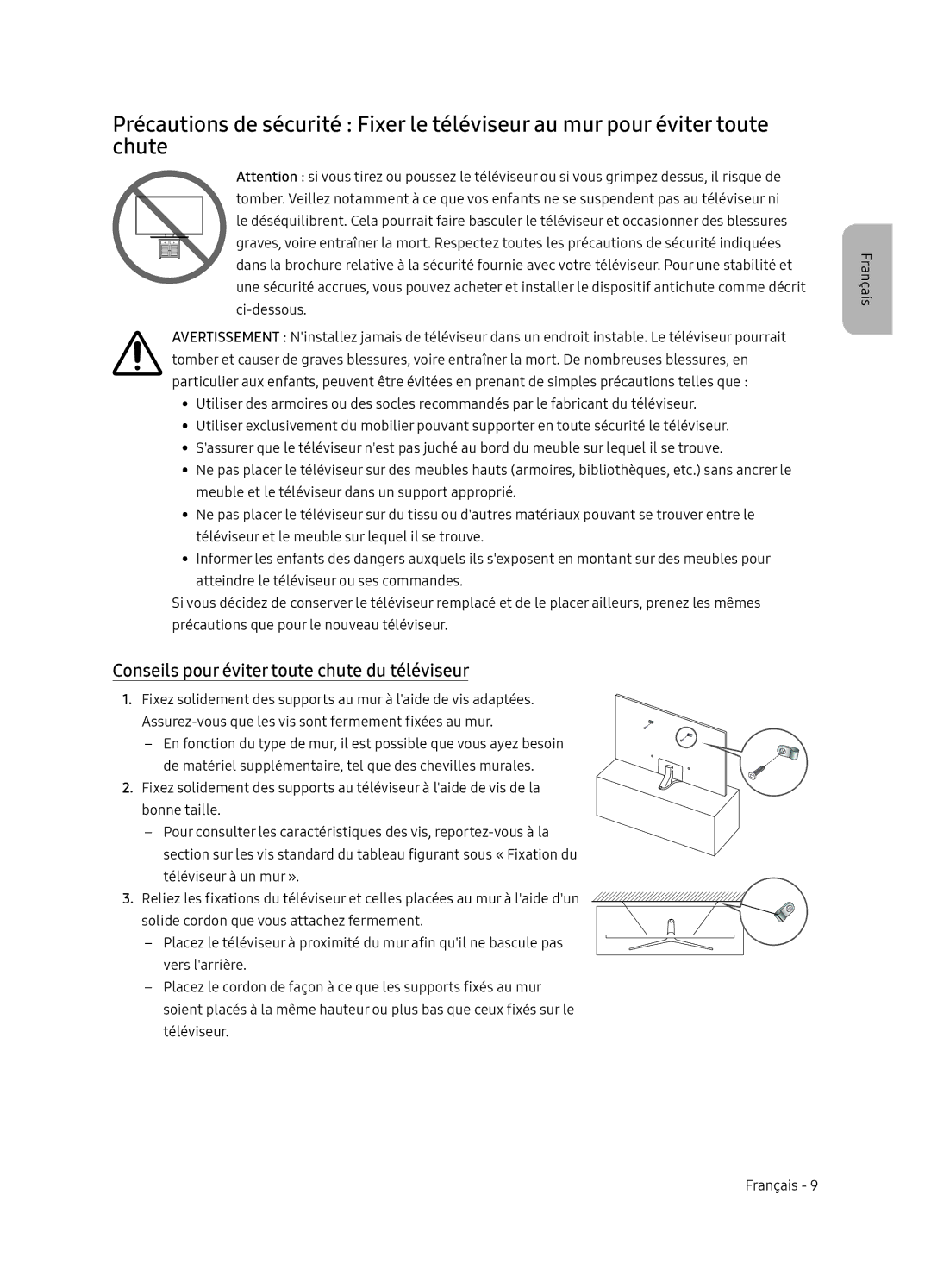 Samsung UE65NU7405UXXC manual Conseils pour éviter toute chute du téléviseur 