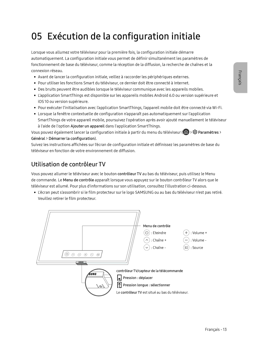 Samsung UE65NU7405UXXC manual 05 Exécution de la configuration initiale, Utilisation de contrôleur TV 