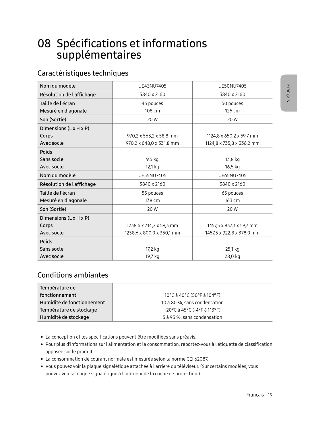 Samsung UE65NU7405UXXC manual Caractéristiques techniques, Conditions ambiantes 