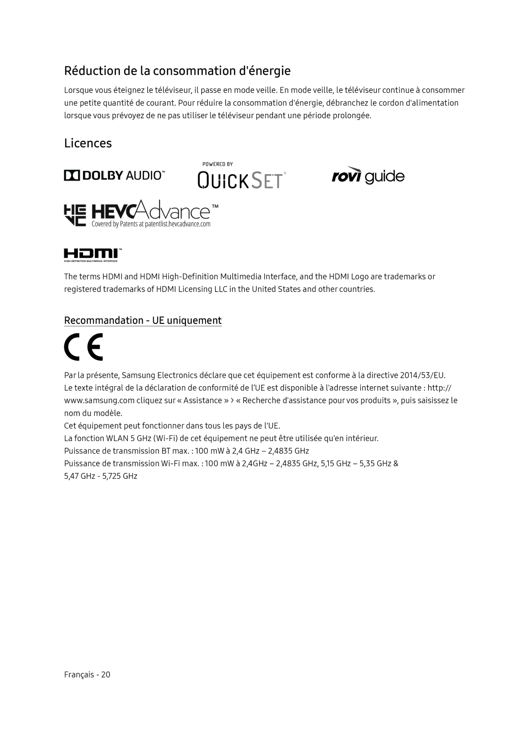 Samsung UE65NU7405UXXC manual Réduction de la consommation dénergie, Recommandation UE uniquement 