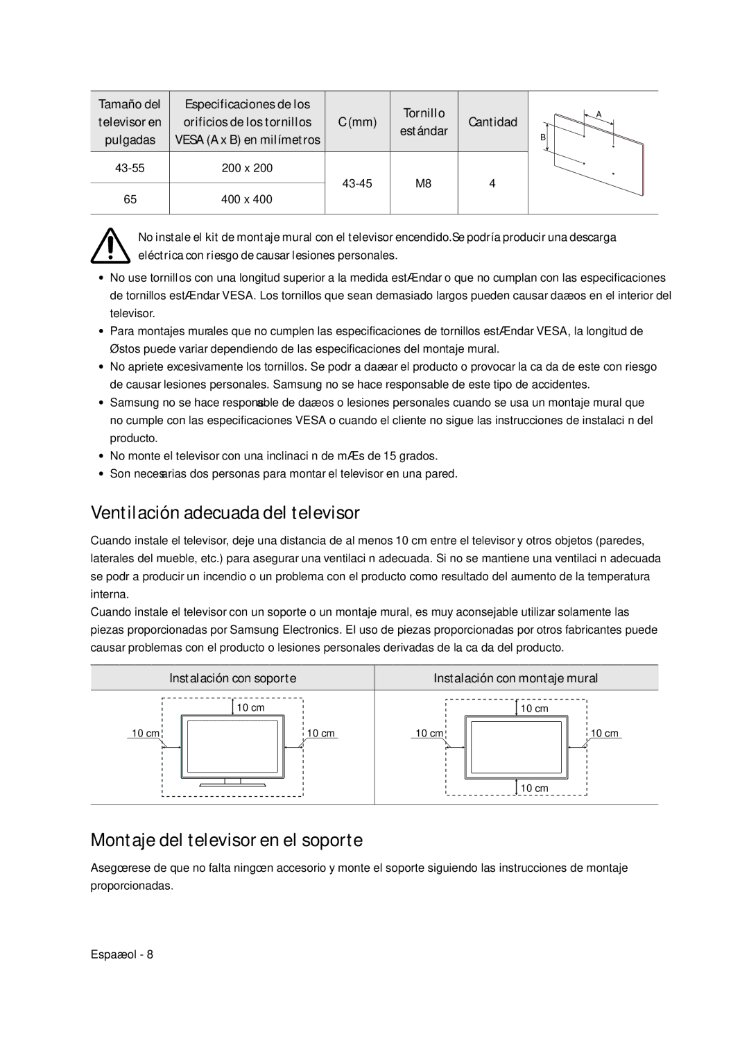 Samsung UE65NU7405UXXC manual Ventilación adecuada del televisor, Montaje del televisor en el soporte, Cantidad 