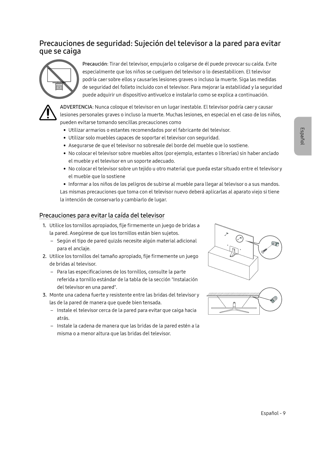 Samsung UE65NU7405UXXC manual Precauciones para evitar la caída del televisor 