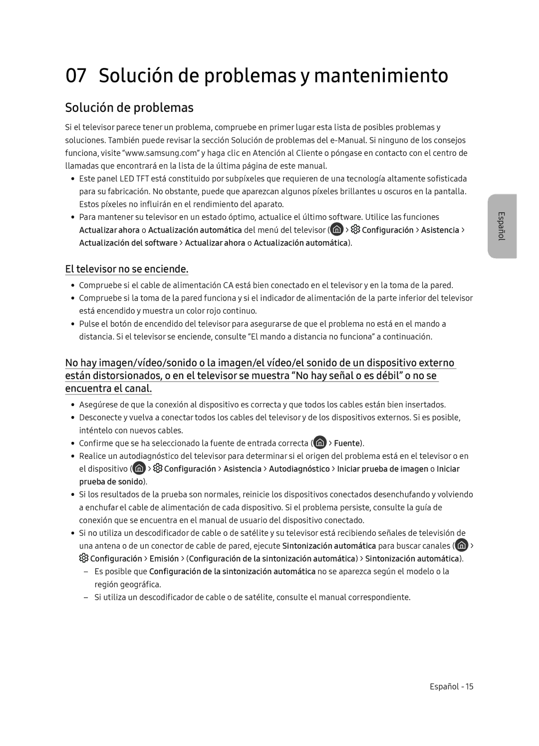 Samsung UE65NU7405UXXC manual Solución de problemas y mantenimiento, El televisor no se enciende, El dispositivo 