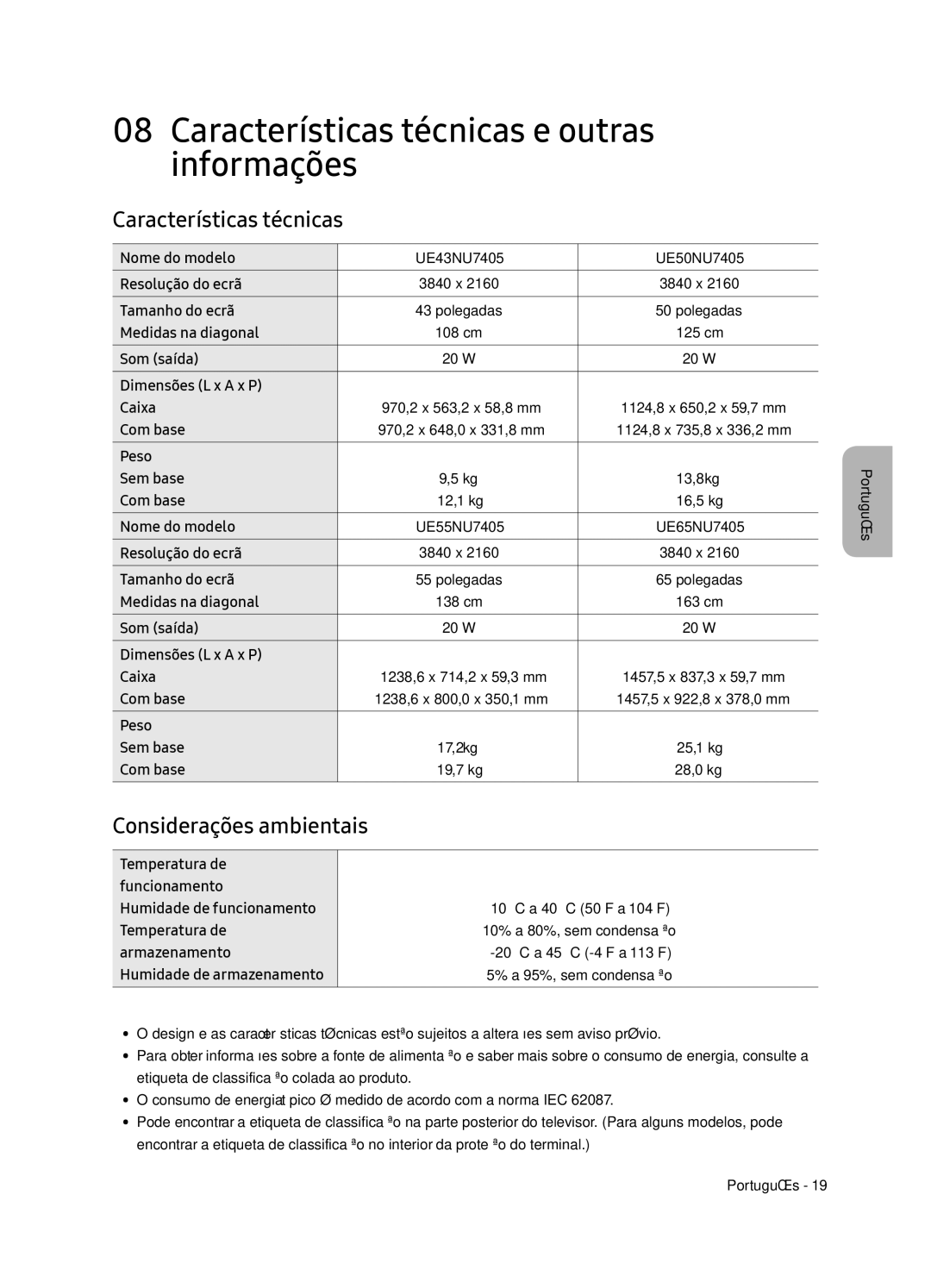 Samsung UE65NU7405UXXC manual Características técnicas e outras informações, Considerações ambientais 