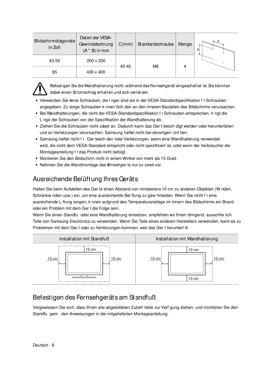 Samsung UE65NU7405UXXC manual Ausreichende Belüftung Ihres Geräts, Befestigen des Fernsehgeräts am Standfuß, Zoll 