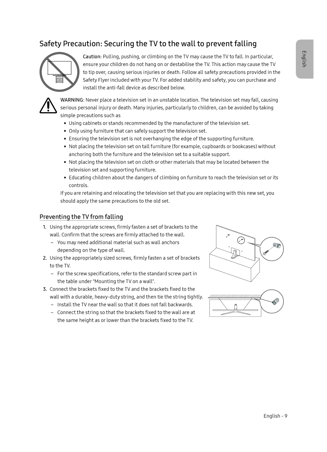 Samsung UE65NU7405UXXC manual Preventing the TV from falling 