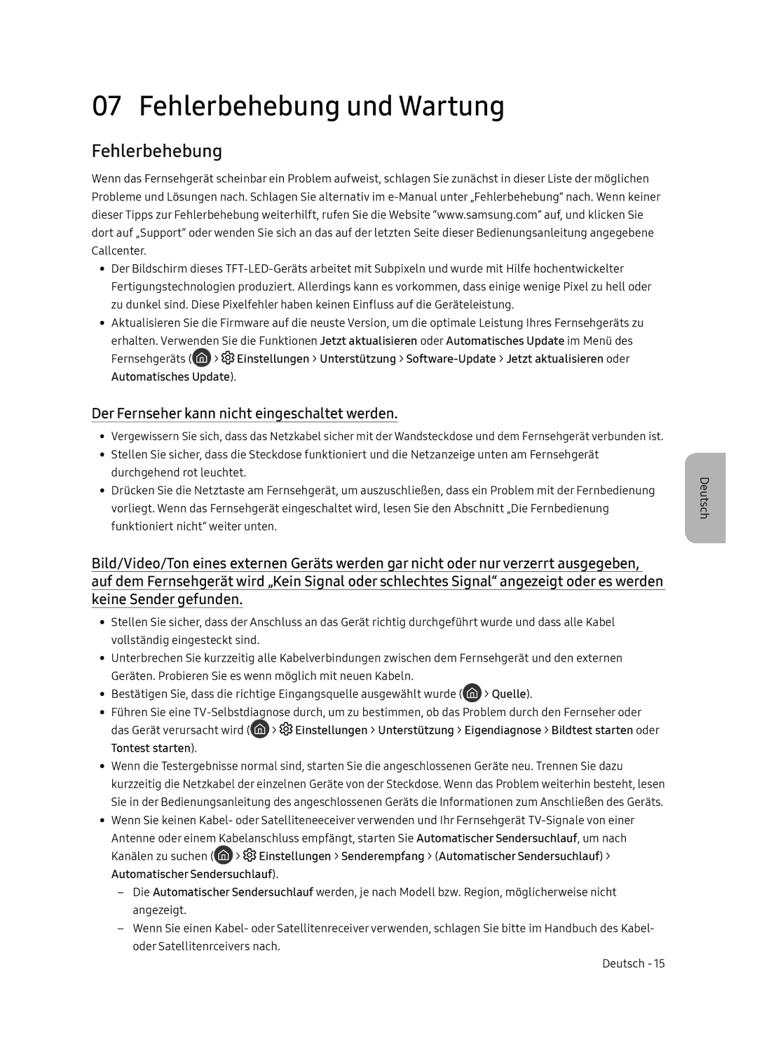 Samsung UE65NU7405UXXC manual Fehlerbehebung und Wartung, Der Fernseher kann nicht eingeschaltet werden 