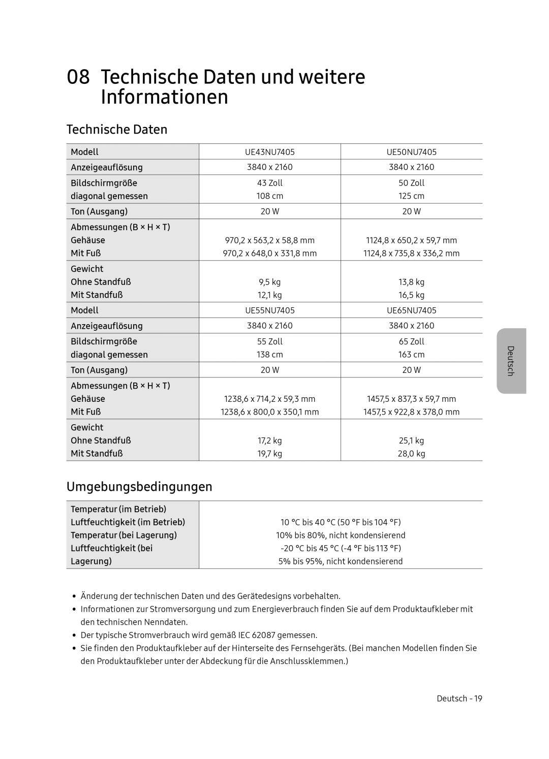 Samsung UE65NU7405UXXC manual Technische Daten und weitere Informationen, Umgebungsbedingungen 