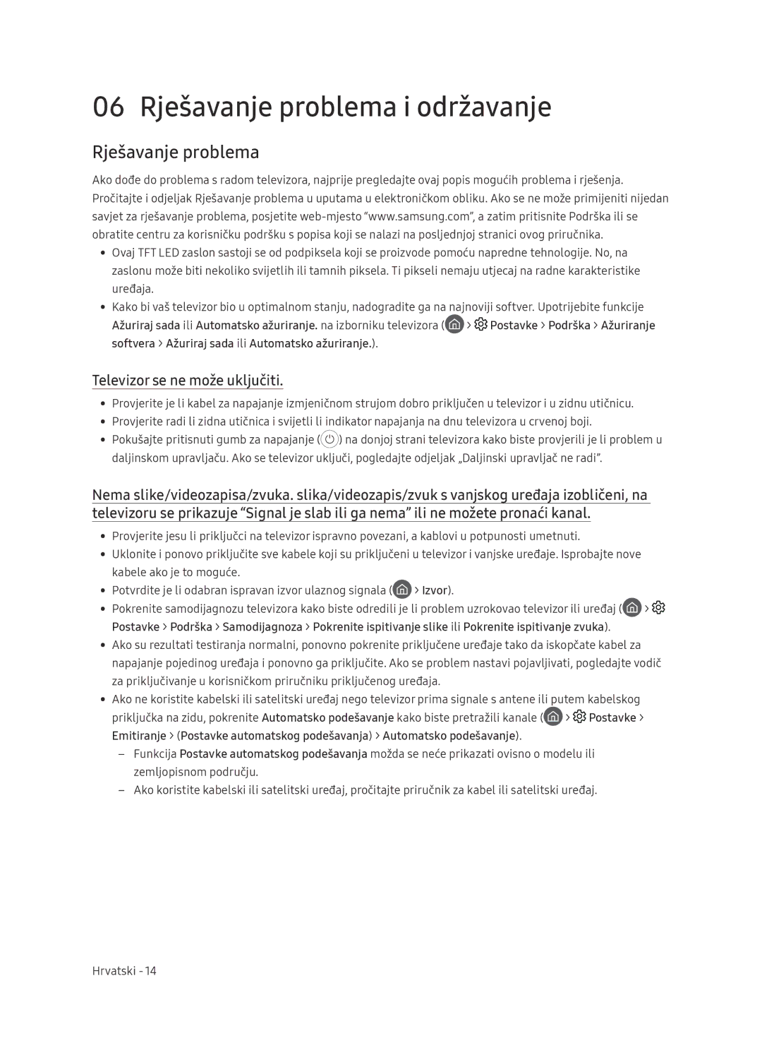 Samsung UE65NU7472UXXH manual 06 Rješavanje problema i održavanje, Televizor se ne može uključiti, Izvor, Postavke 