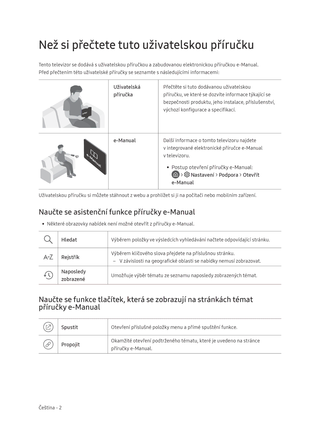 Samsung UE65NU7472UXXH manual Než si přečtete tuto uživatelskou příručku, Naučte se asistenční funkce příručky e-Manual 