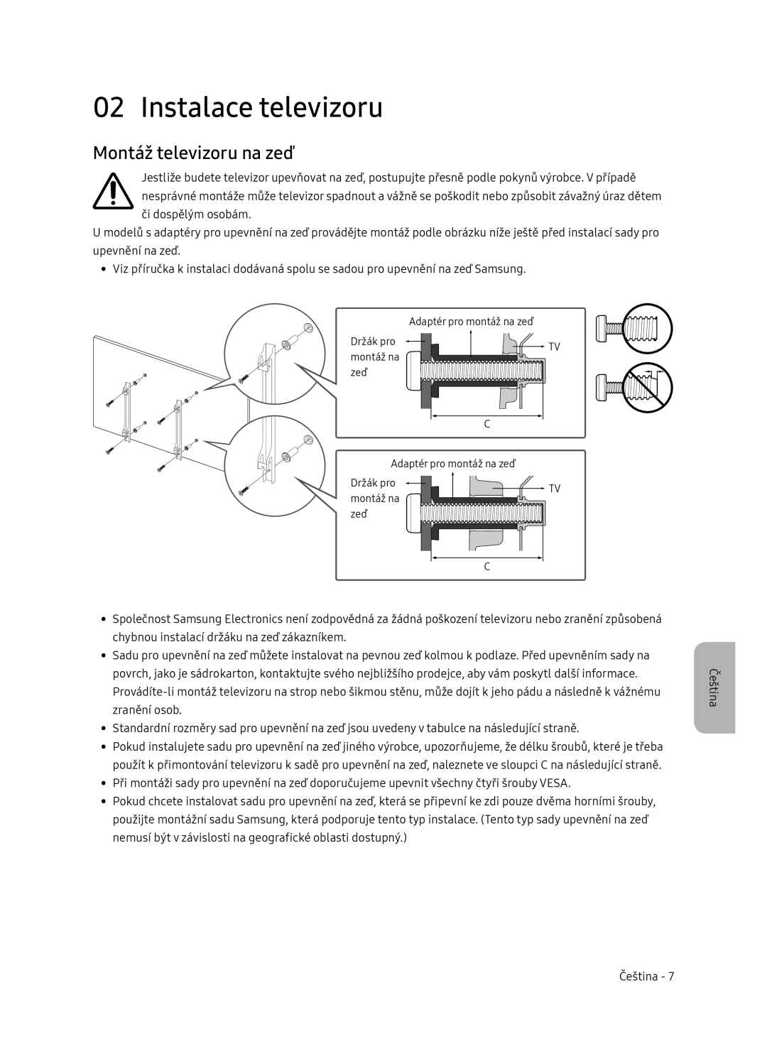 Samsung UE65NU7472UXXH manual Instalace televizoru, Montáž televizoru na zeď 