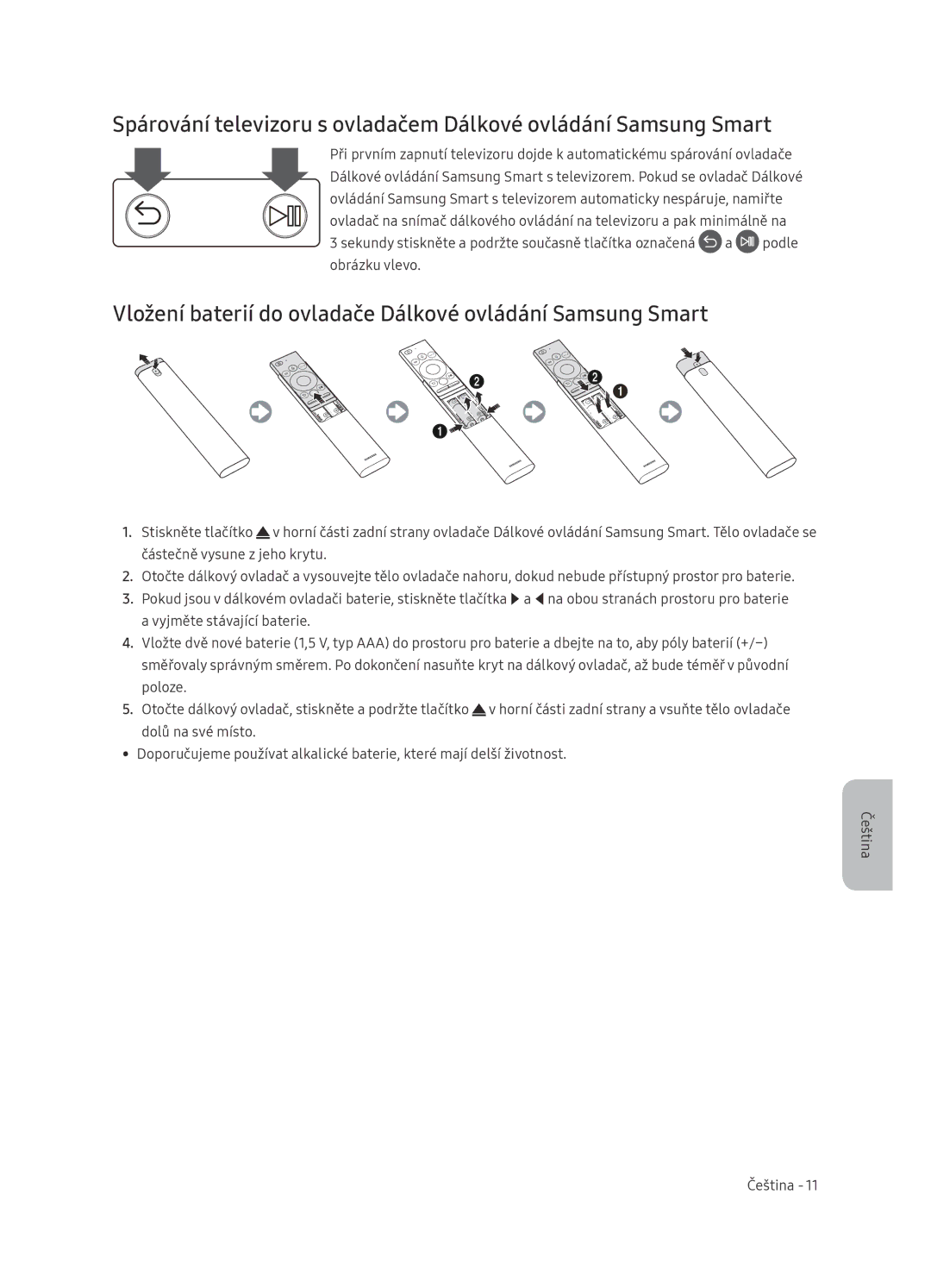 Samsung UE65NU7472UXXH manual Vložení baterií do ovladače Dálkové ovládání Samsung Smart 