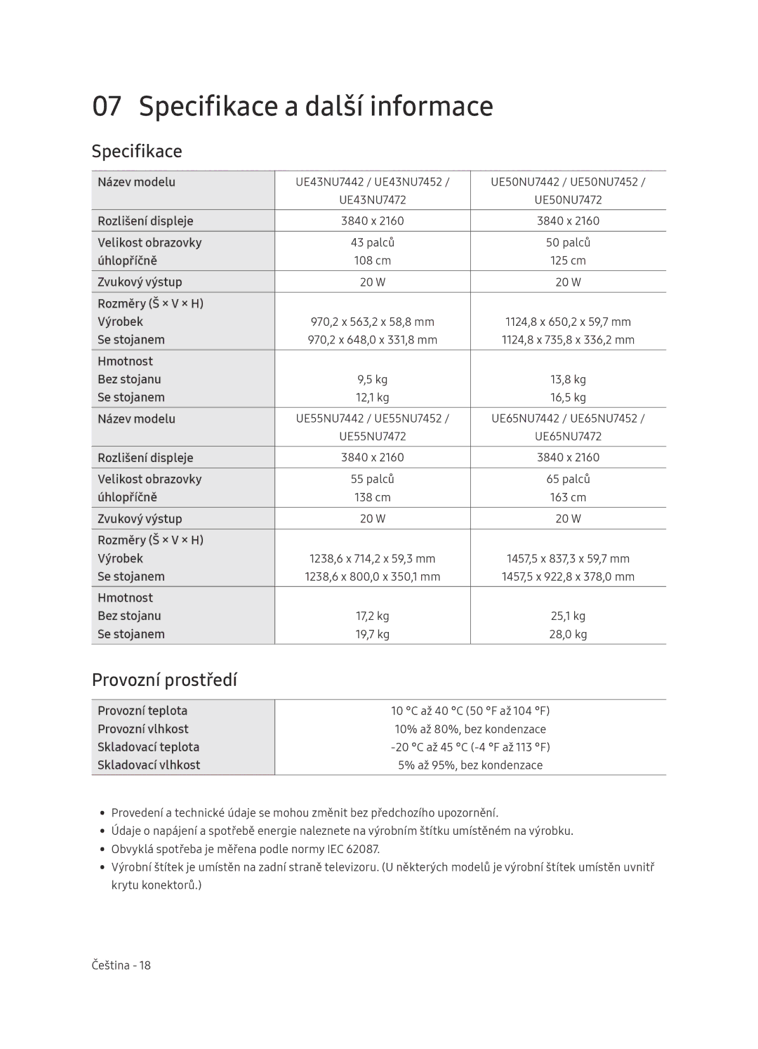 Samsung UE65NU7472UXXH manual Specifikace a další informace, Provozní prostředí 