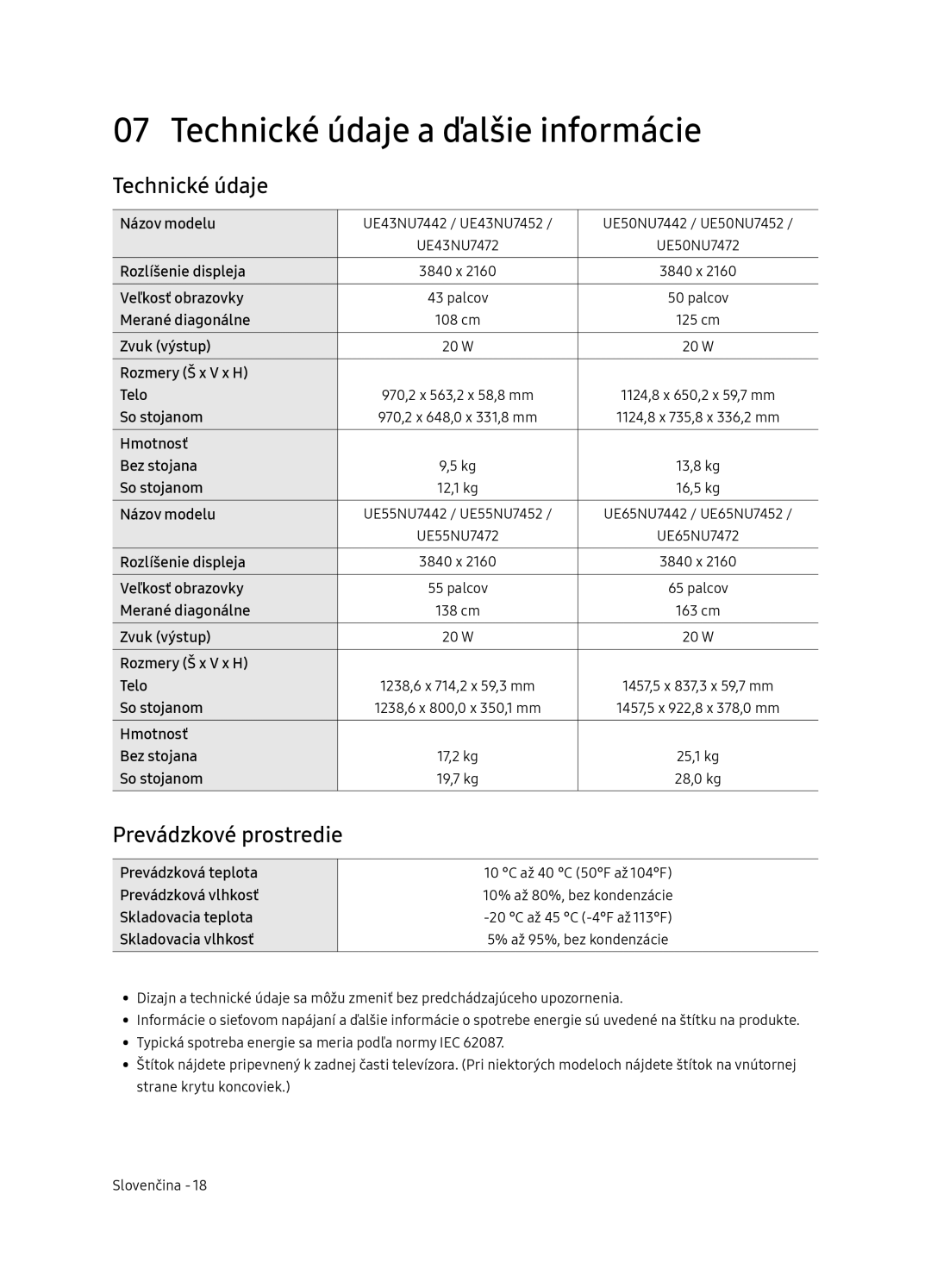 Samsung UE65NU7472UXXH manual Technické údaje a ďalšie informácie, Prevádzkové prostredie 