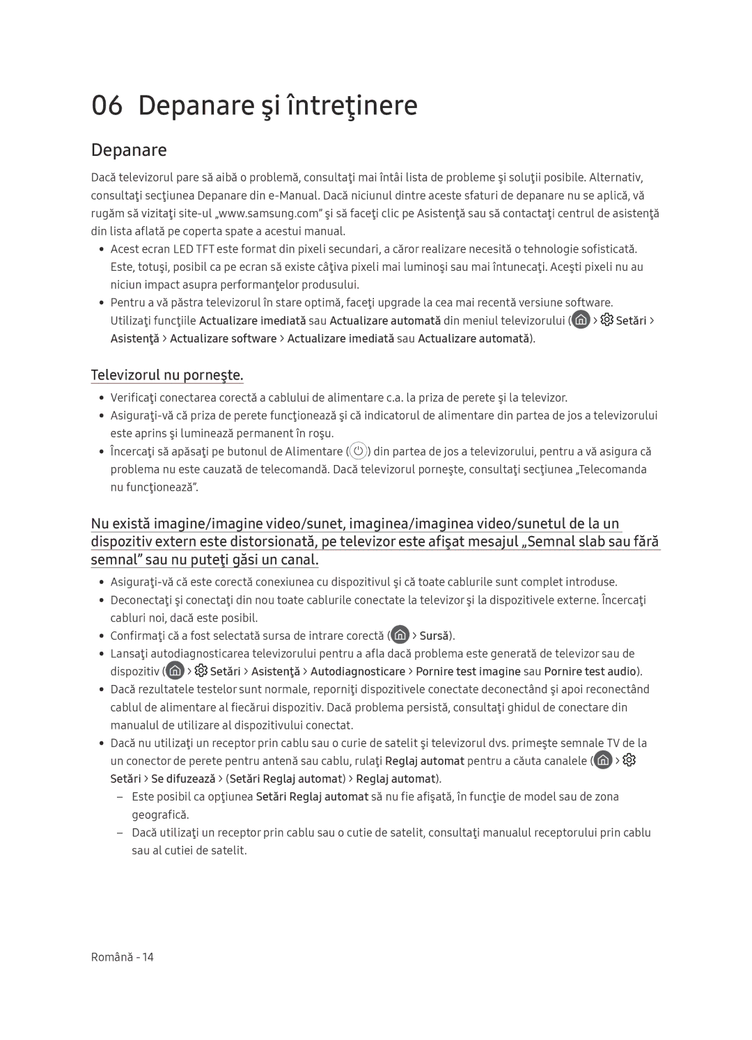 Samsung UE65NU7472UXXH manual Depanare şi întreţinere, Televizorul nu porneşte 