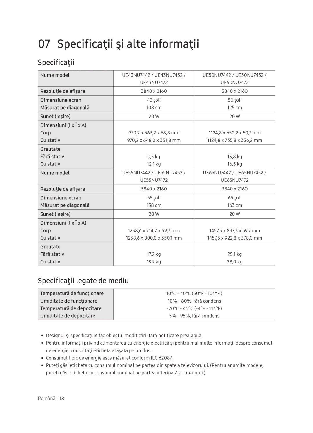 Samsung UE65NU7472UXXH manual Specificaţii şi alte informaţii, Specificaţii legate de mediu 