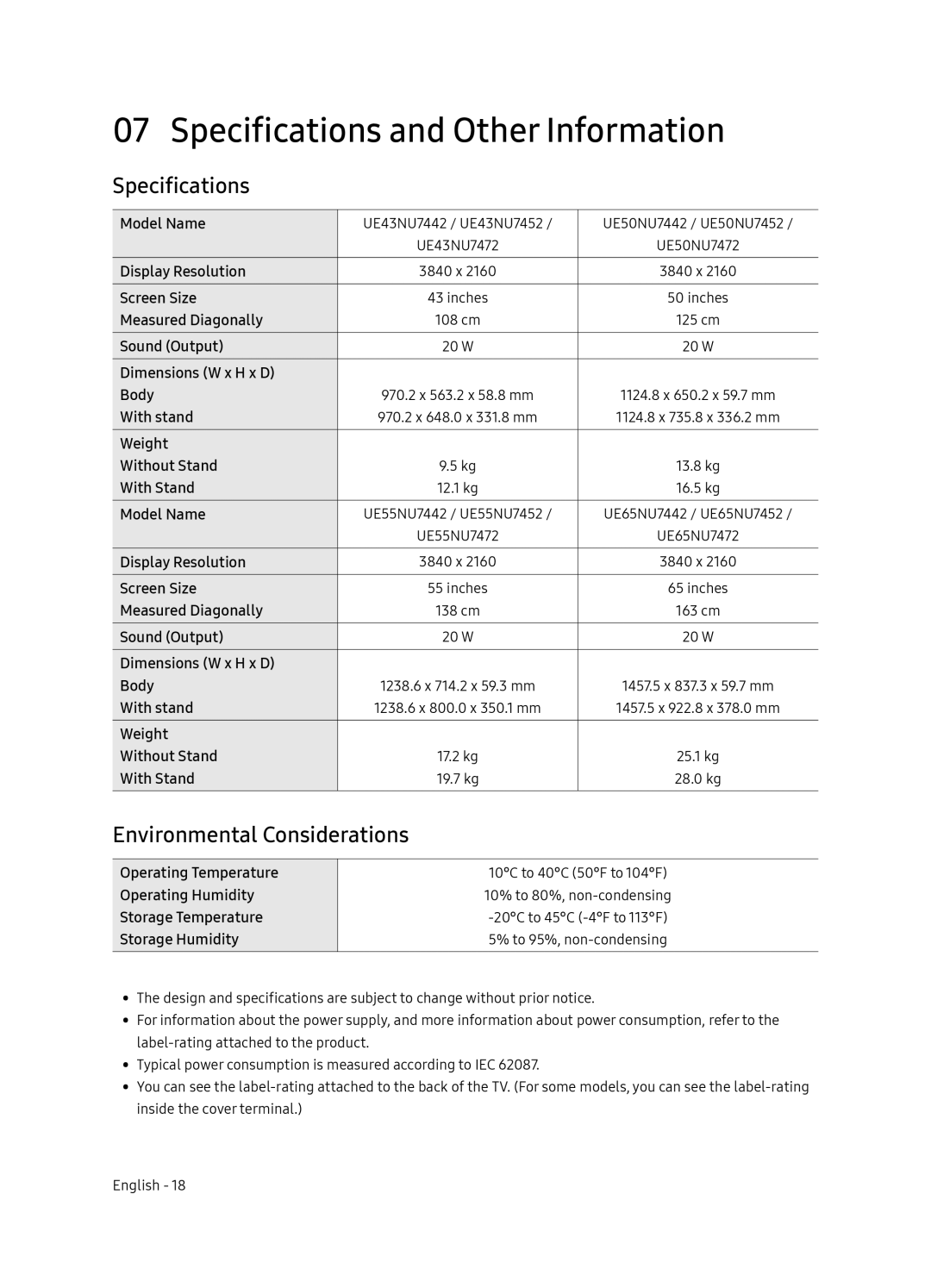 Samsung UE65NU7472UXXH manual Specifications and Other Information, Environmental Considerations 