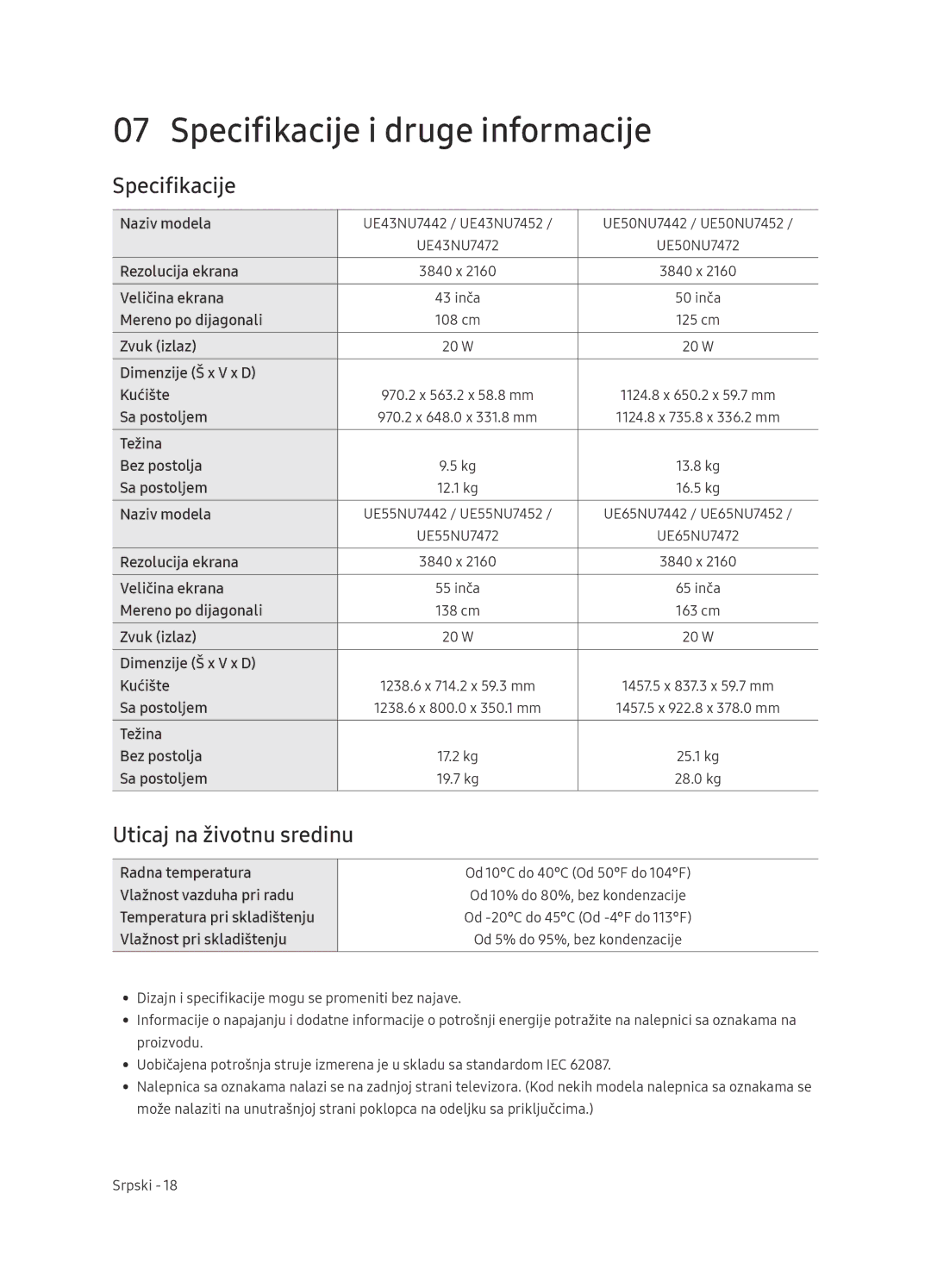 Samsung UE65NU7472UXXH manual Specifikacije i druge informacije, Uticaj na životnu sredinu 