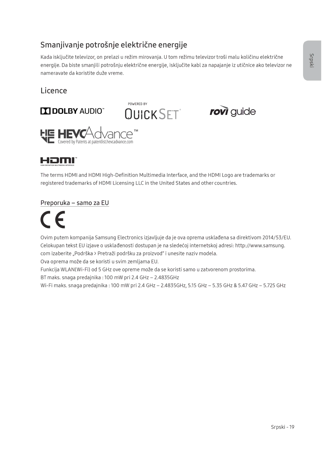 Samsung UE65NU7472UXXH manual Smanjivanje potrošnje električne energije, Licence 